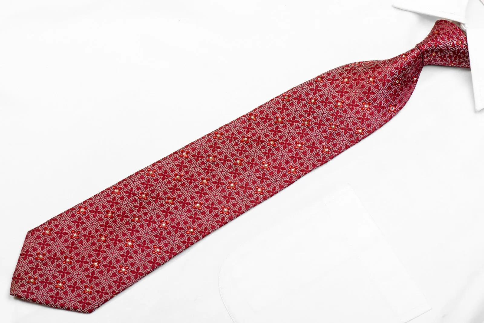 Silver Geometric On Burgundy Rhinestone Silk Necktie With Sparkles