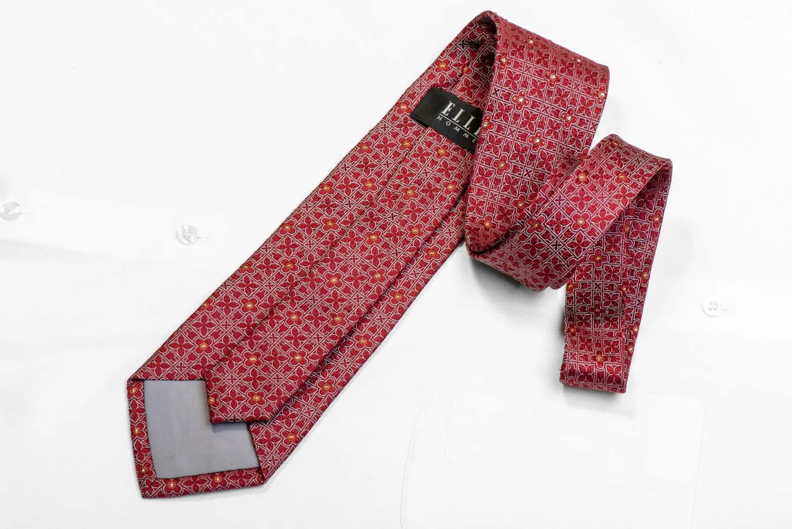 Silver Geometric On Burgundy Rhinestone Silk Necktie With Sparkles
