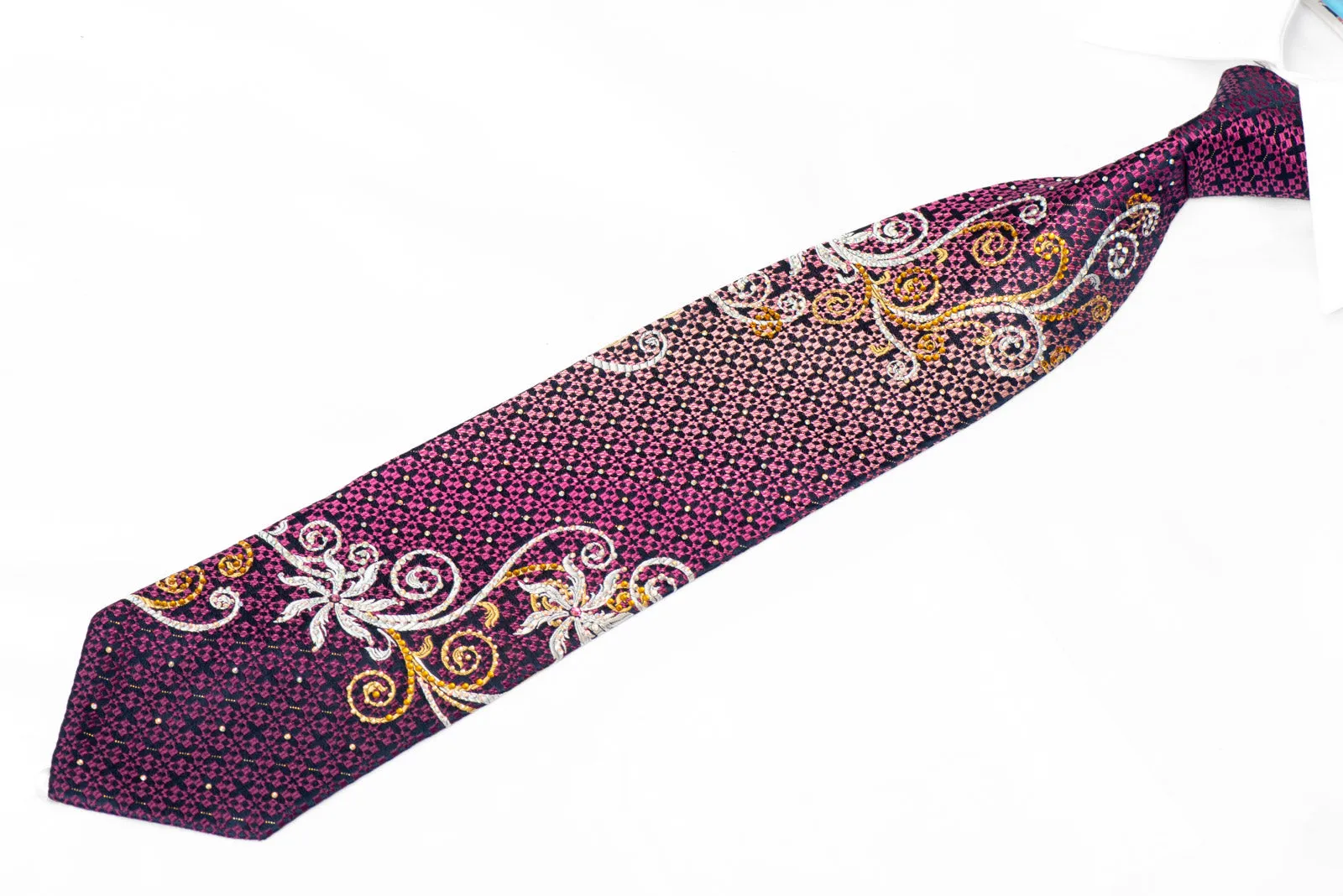 Silver Gold Floral Scrolls & Geometric On Navy Rhinestone Silk Tie With Sparkles