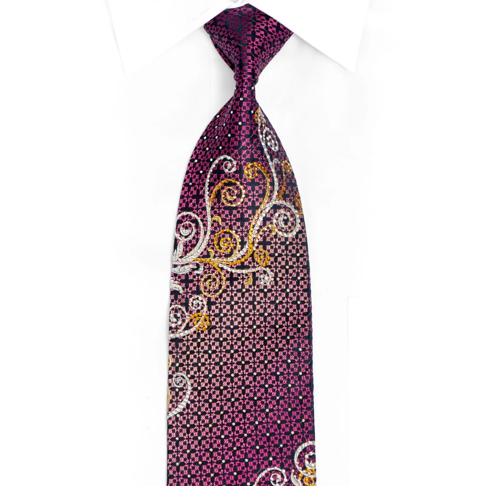 Silver Gold Floral Scrolls & Geometric On Navy Rhinestone Silk Tie With Sparkles