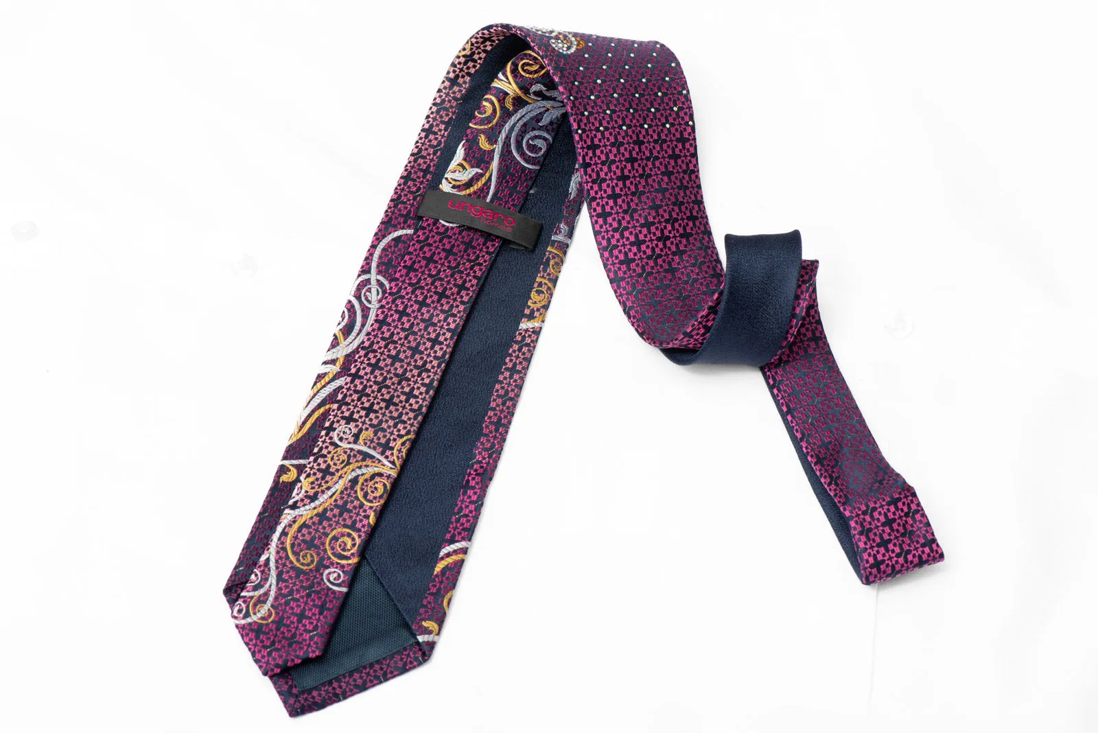 Silver Gold Floral Scrolls & Geometric On Navy Rhinestone Silk Tie With Sparkles
