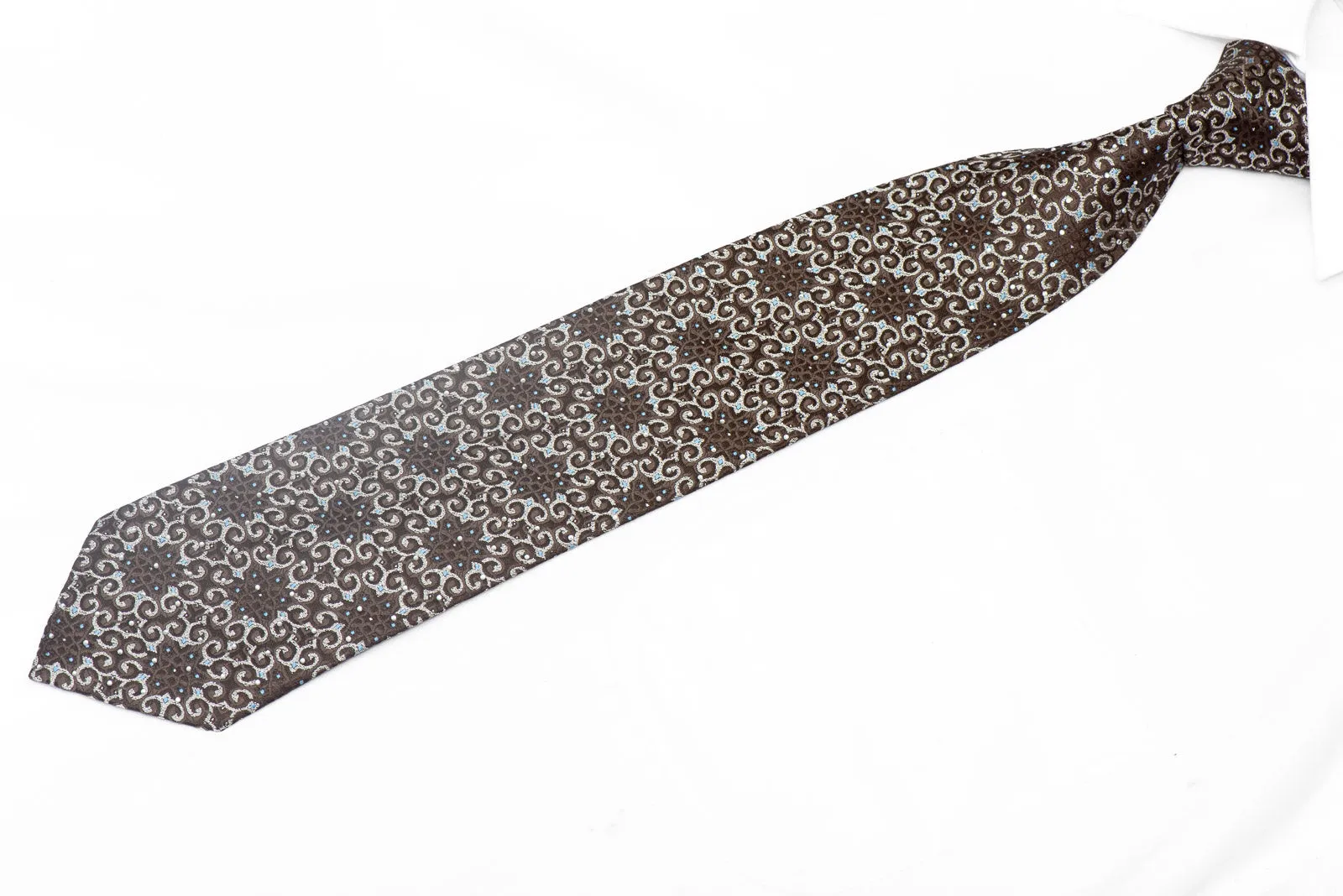 Silver Marrakesh Design On Brown Rhinestone Silk Tie With Sparkles