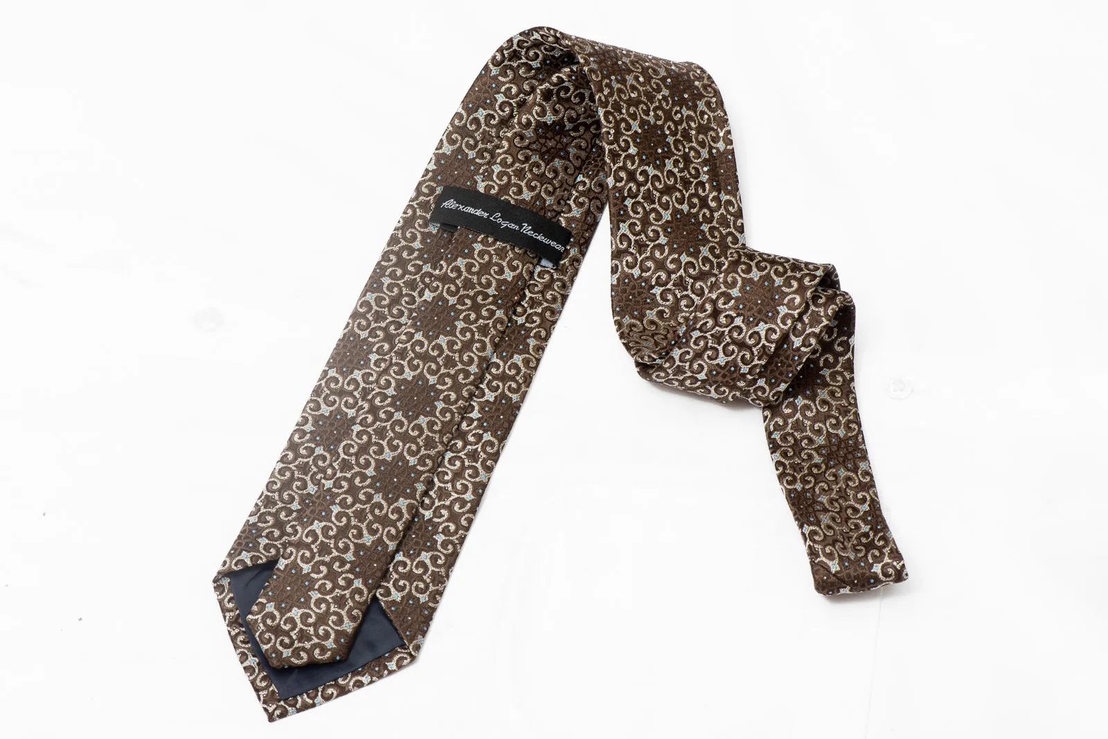 Silver Marrakesh Design On Brown Rhinestone Silk Tie With Sparkles