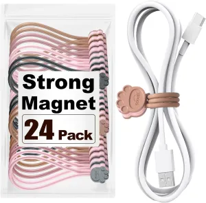 SOOOEC Cute Cat Paw Magnetic Cable Ties  24 Pack, Reusable Silicone Cord Organizers for Home & Office, Strong Magnetic Hold, Double-Sided Colors, Perfect for Cable Management and Gift Idea