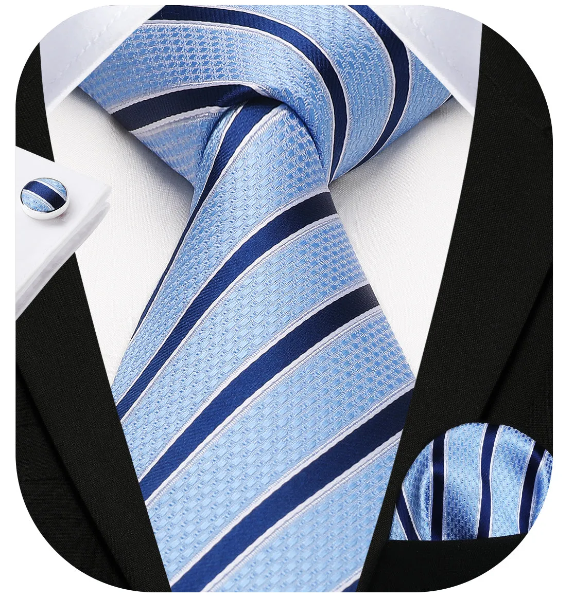 Stripe Tie Handkerchief Cufflinks -  01-SKY BLUE