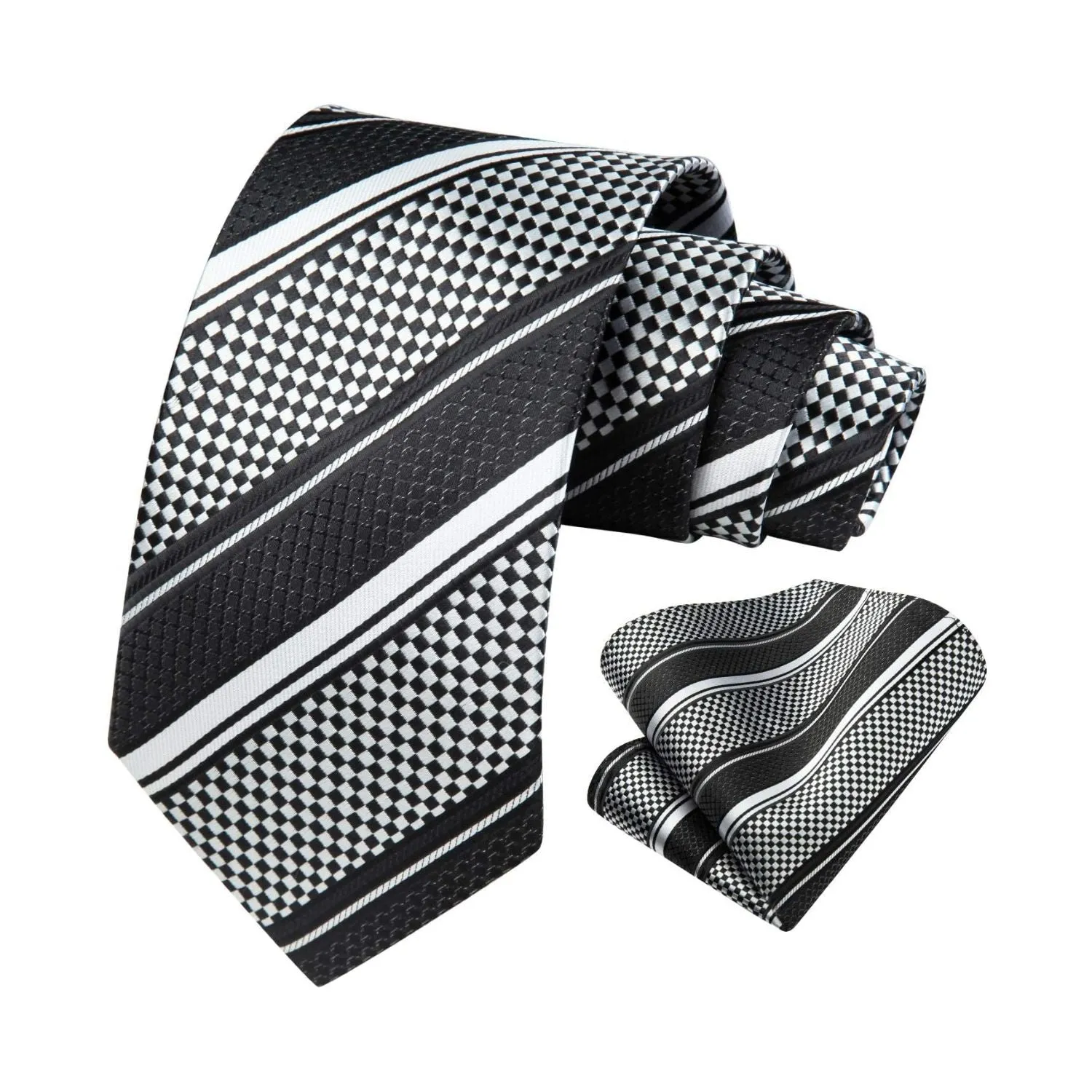 Stripe Tie Handkerchief Set - BLACK/WHITE/SILVER