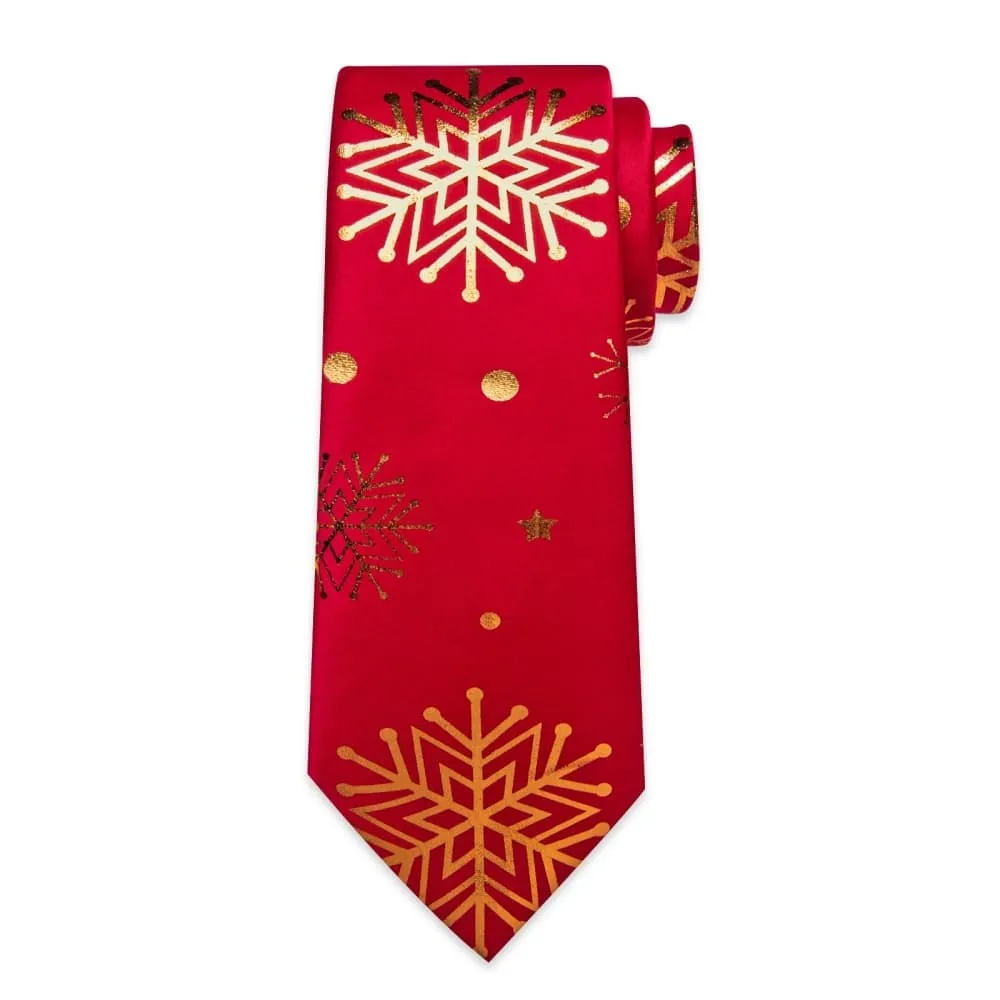Ties2you Red Gold Christmas Snowflake Necktie Pocket Square Cufflinks Set