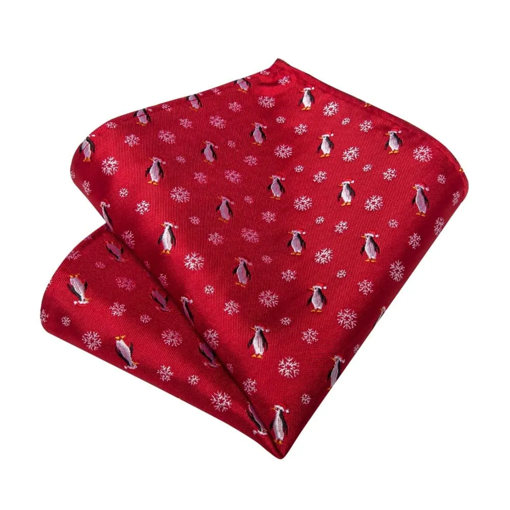 Ties2you Red White Christmas Penguins Snowflake Necktie Pocket Square Cufflinks Set