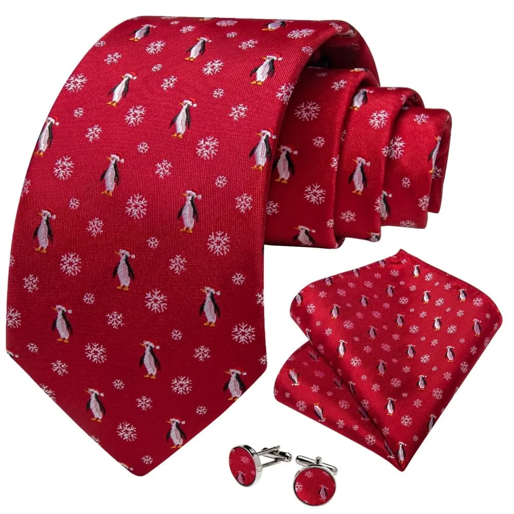 Ties2you Red White Christmas Penguins Snowflake Necktie Pocket Square Cufflinks Set