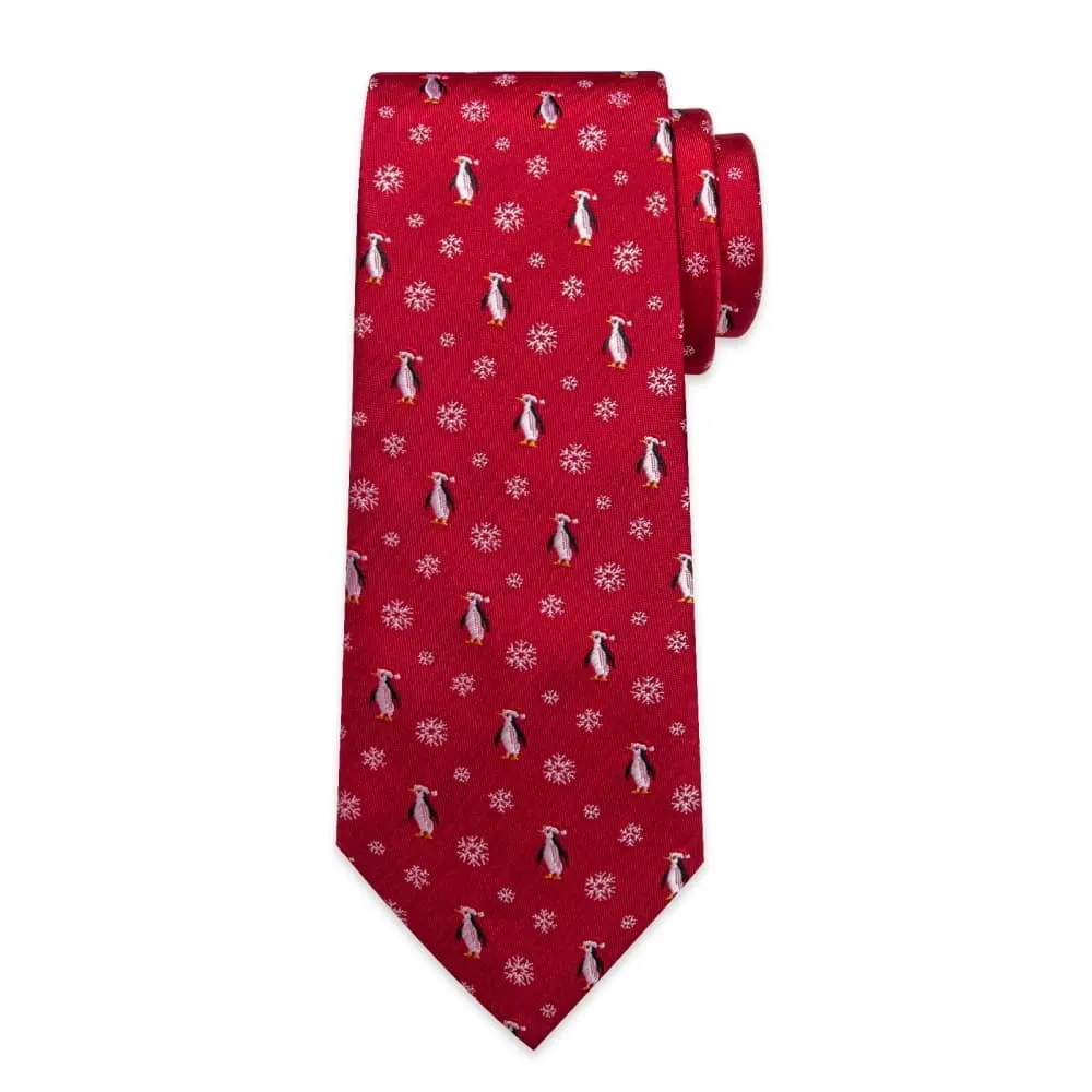 Ties2you Red White Christmas Penguins Snowflake Necktie Pocket Square Cufflinks Set
