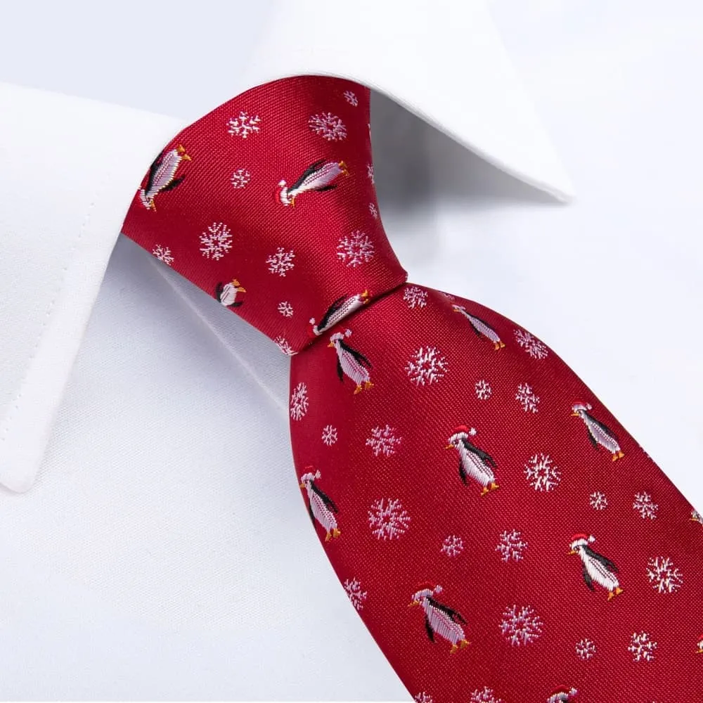 Ties2you Red White Christmas Penguins Snowflake Necktie Pocket Square Cufflinks Set