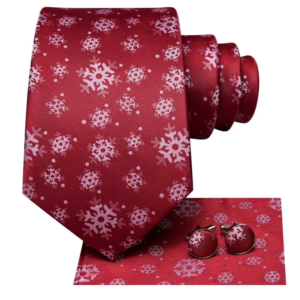 Ties2you Red White Christmas Snowflake Necktie Pocket Square Cufflinks Set