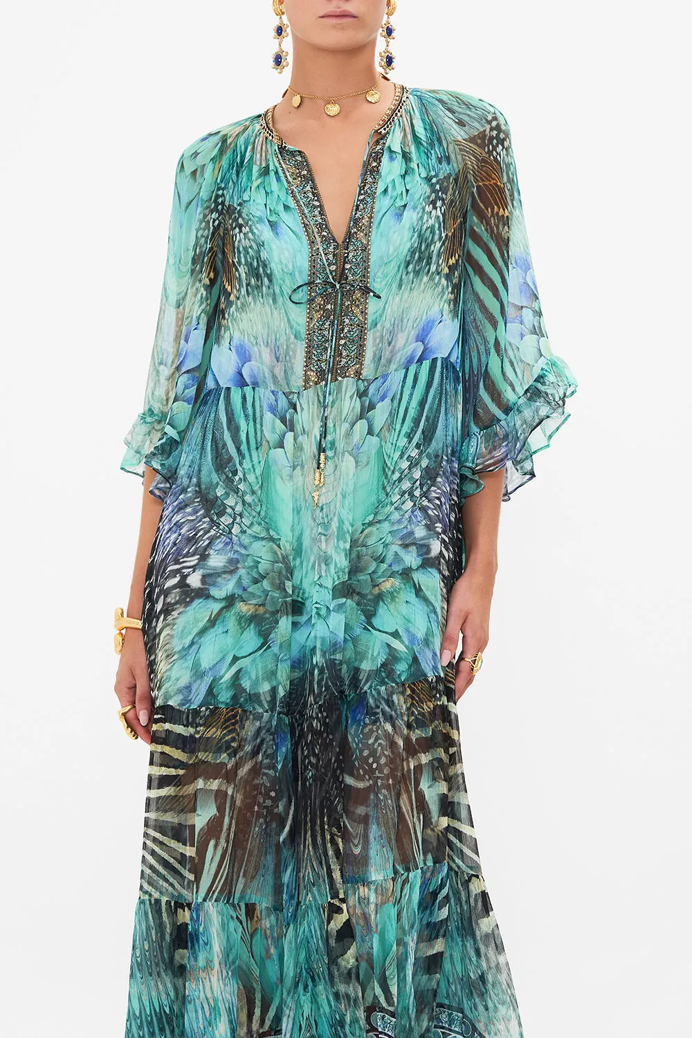 WIDE SLEEVE GATHERED DRESS AZURE ALLURE