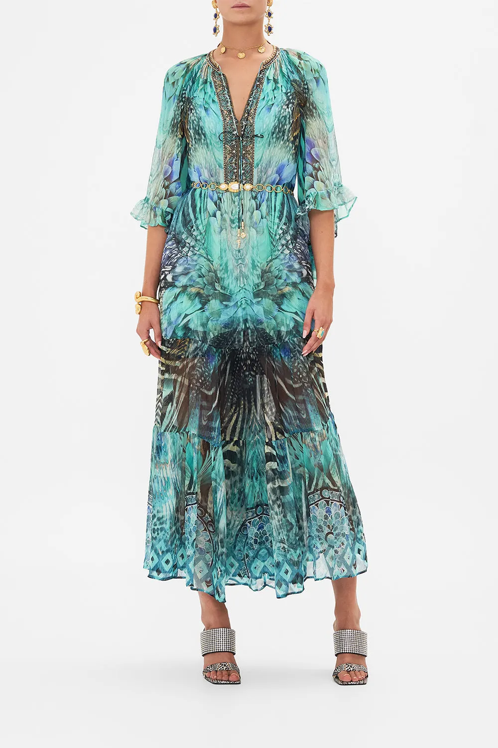 WIDE SLEEVE GATHERED DRESS AZURE ALLURE