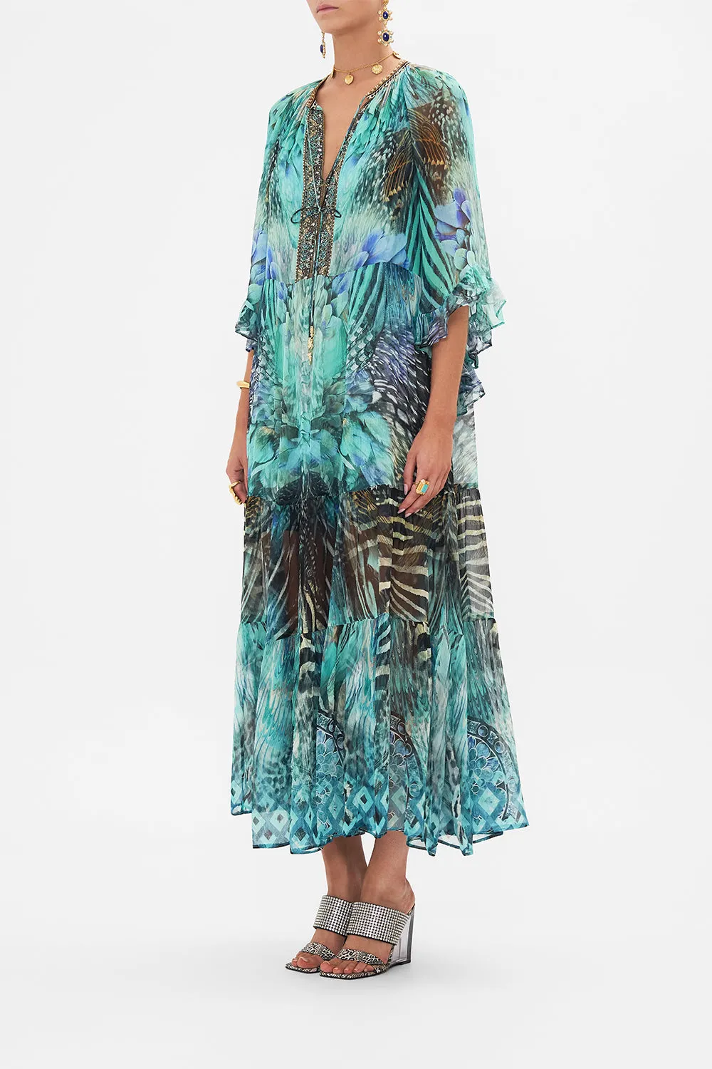 WIDE SLEEVE GATHERED DRESS AZURE ALLURE