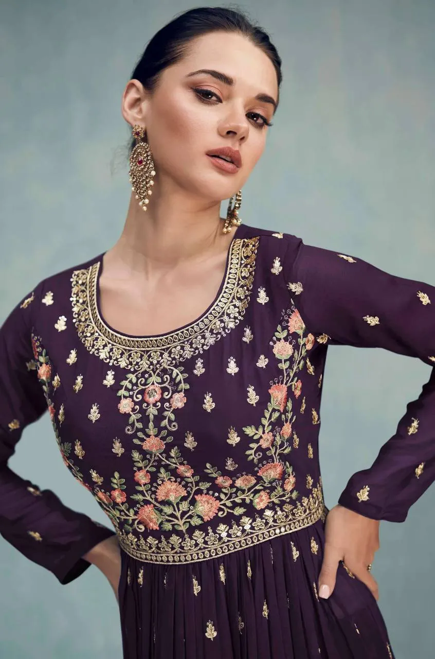 Wine Colour Georgette Embroidered Pakistani Salwar Kameez