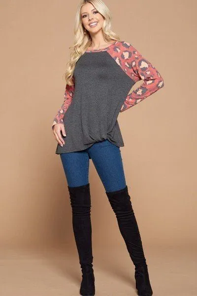 Women's Casual French Terry Side Twist Top With Animal Print Long Sleeves