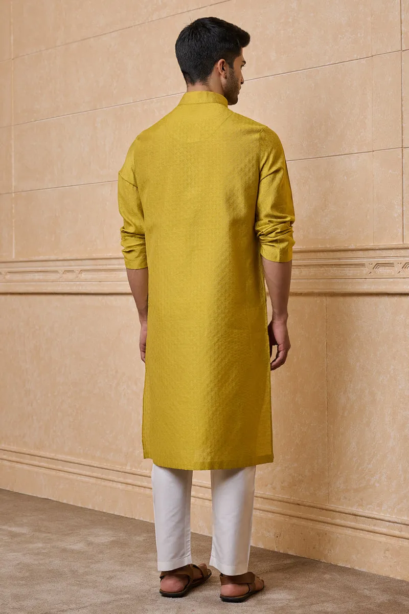 Yellow Jacquard Kurta Set In Jaali Pattern