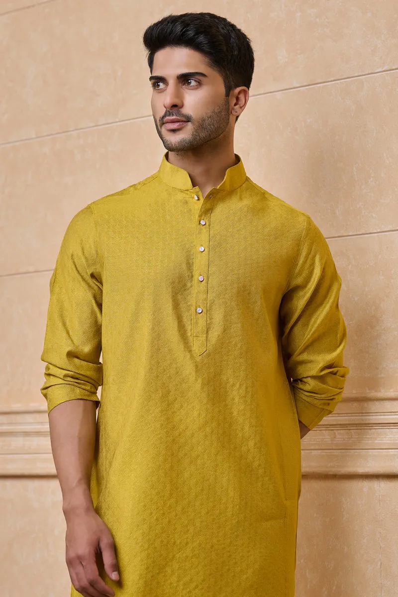 Yellow Jacquard Kurta Set In Jaali Pattern