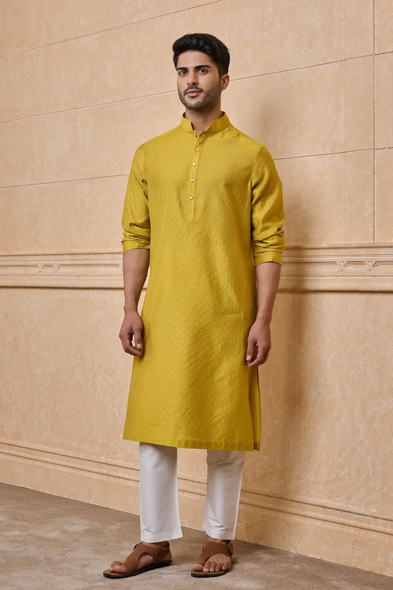 Yellow Jacquard Kurta Set In Jaali Pattern