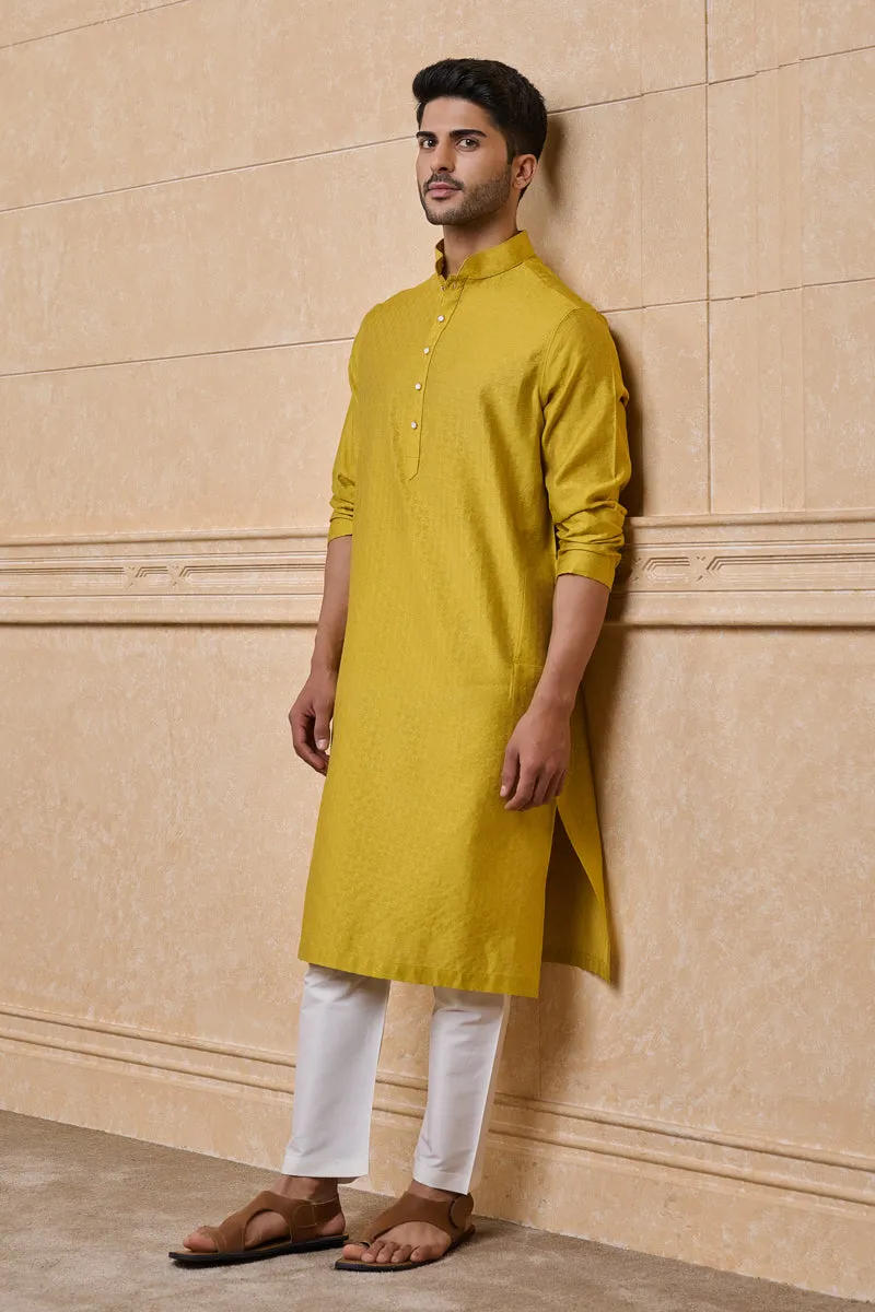 Yellow Jacquard Kurta Set In Jaali Pattern