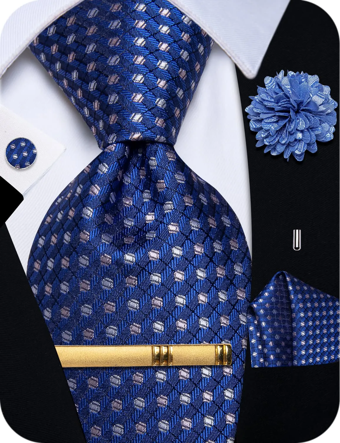 YourTies Blue Grey Geometric Mens Necktie Floral Brooch Tie Bar Set