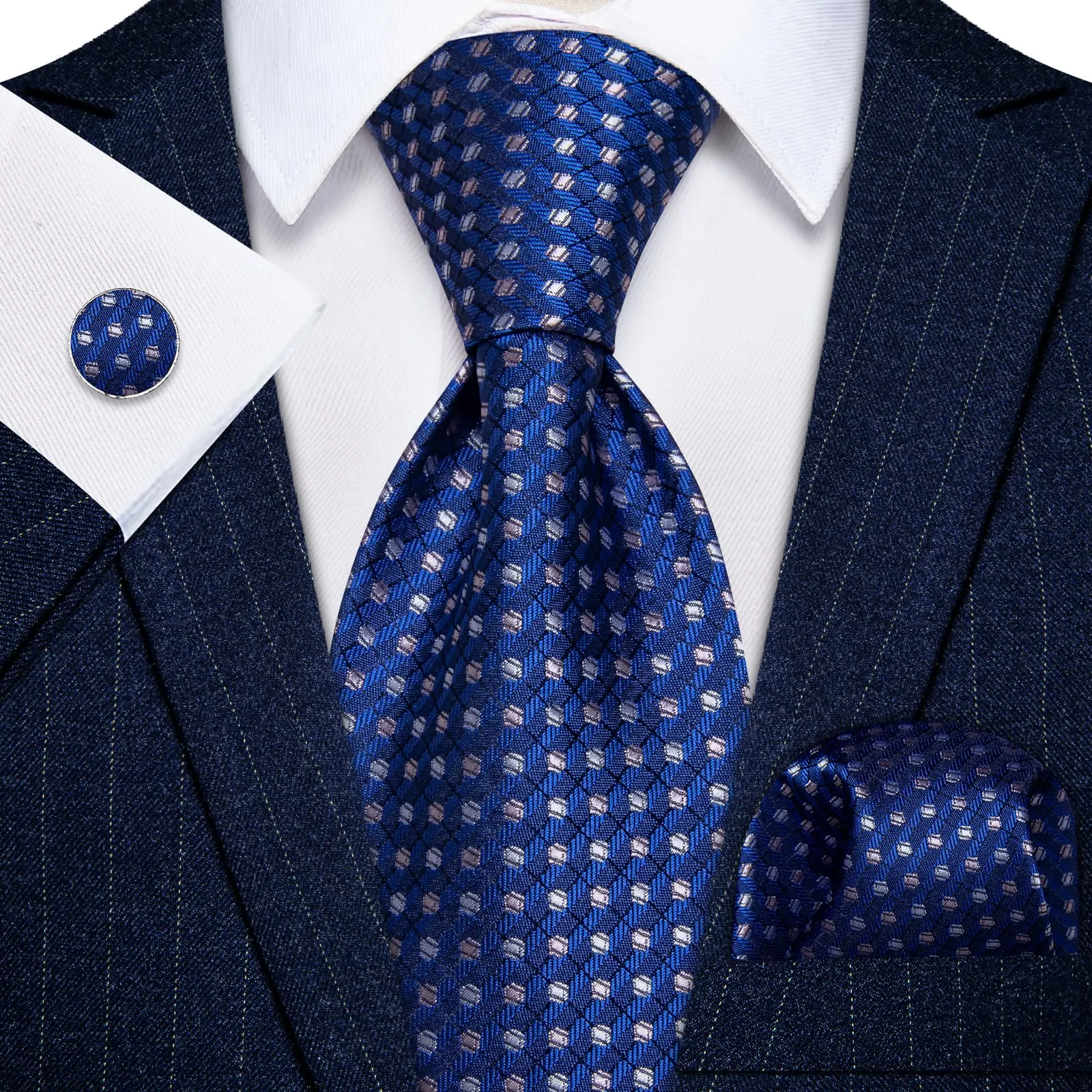 YourTies Blue Grey Geometric Mens Necktie Floral Brooch Tie Bar Set