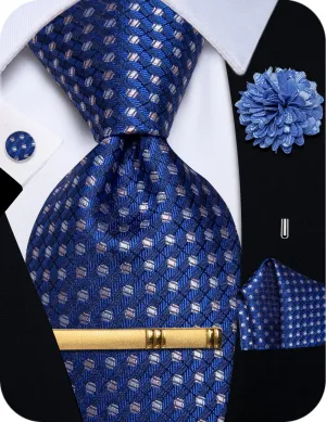 YourTies Blue Grey Geometric Mens Necktie Floral Brooch Tie Bar Set
