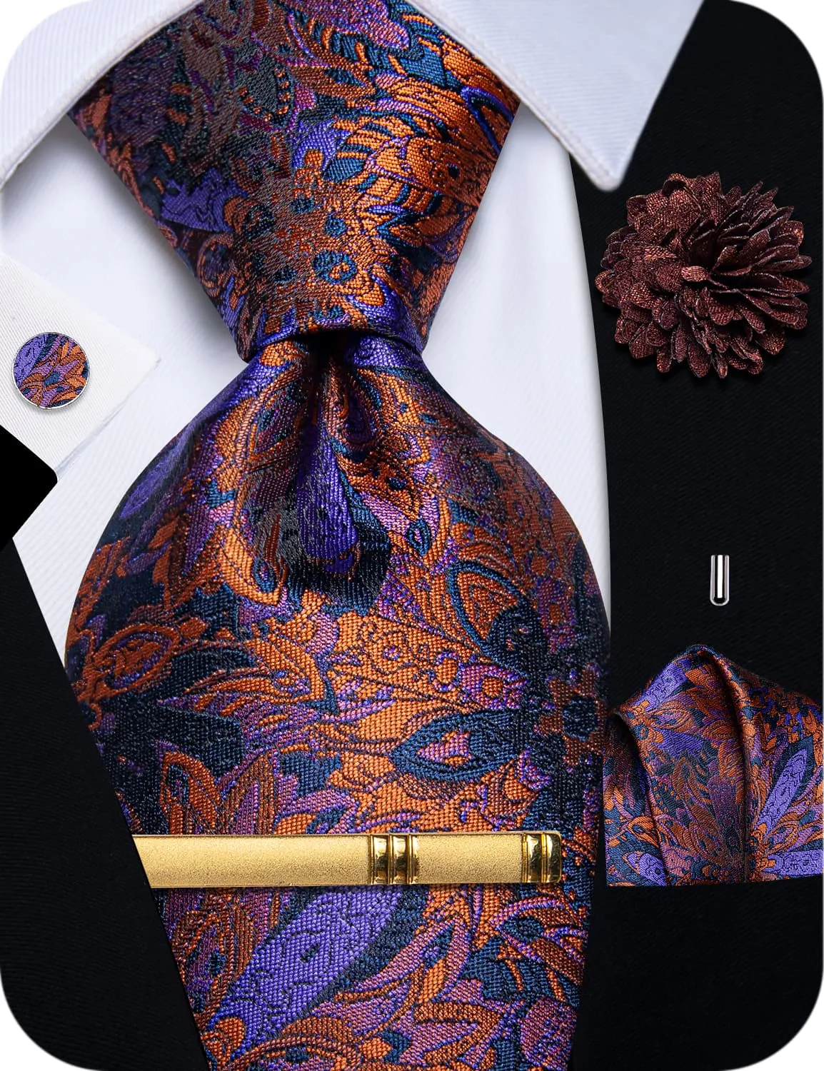 YourTies Orange Ties Purple Floral Necktie Flower Brooch Set with Clip