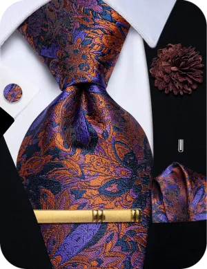 YourTies Orange Ties Purple Floral Necktie Flower Brooch Set with Clip